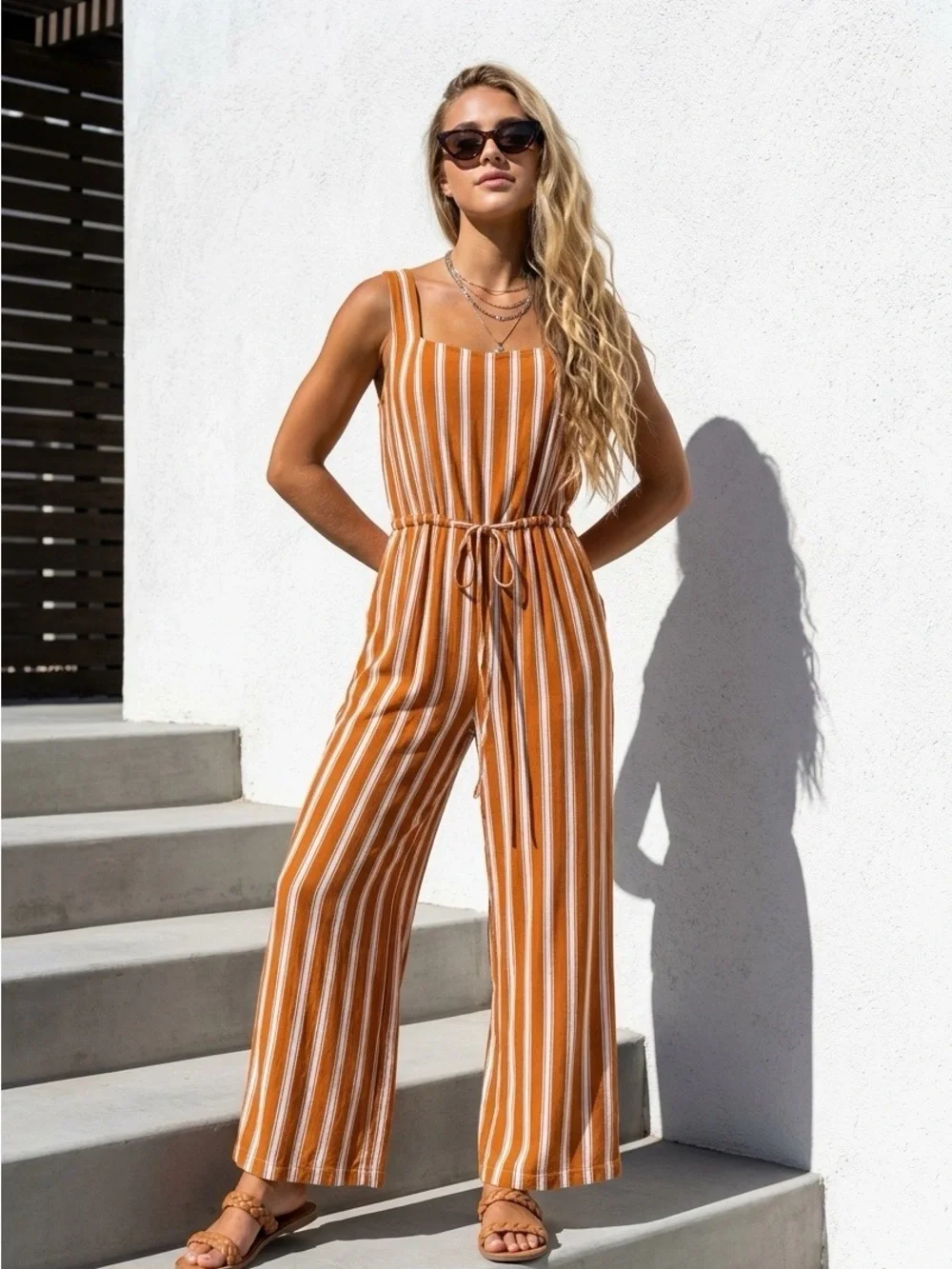 Lulus XL Orange White Stripe Sleeveless Tie Waist Romper
